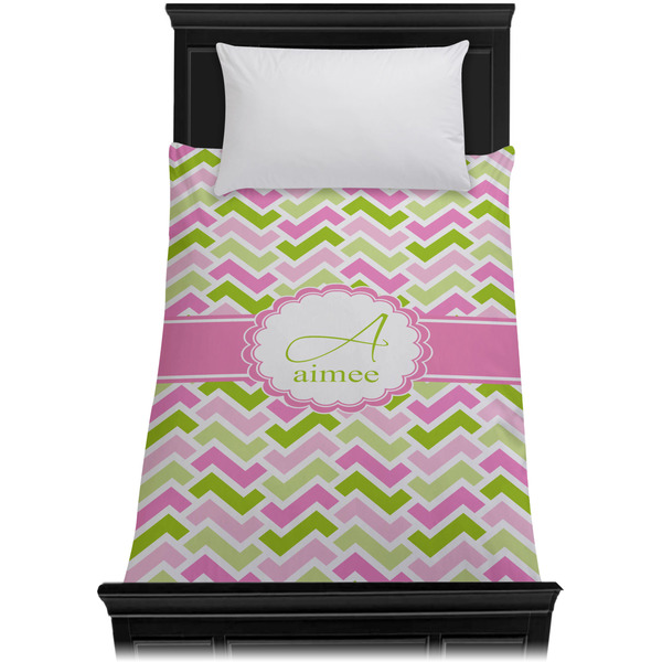 Pink & Green Geometric Duvet Cover - Twin XL - On Bed - No Prop