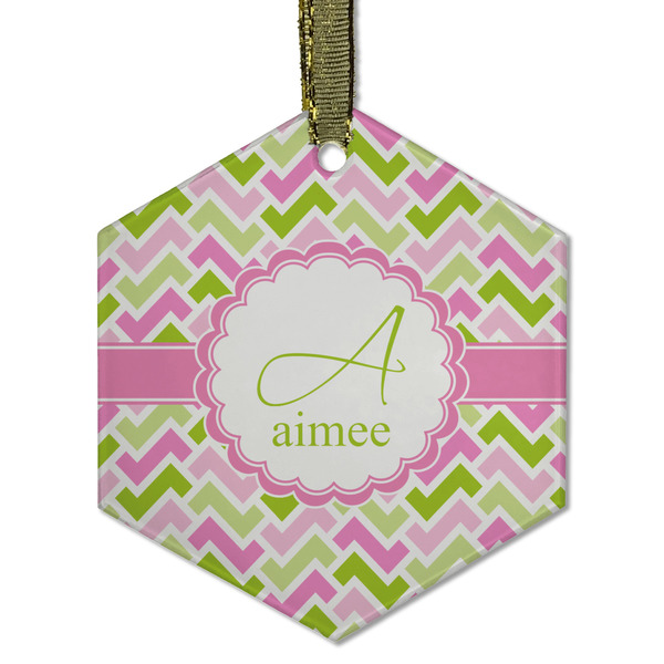 Custom Pink & Green Geometric Flat Glass Ornament - Hexagon w/ Name and Initial