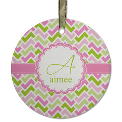 Pink & Green Geometric Flat Glass Ornament - Round w/ Name and Initial