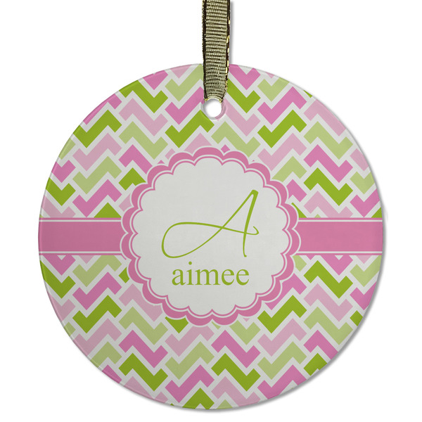 Custom Pink & Green Geometric Flat Glass Ornament - Round w/ Name and Initial