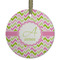 Pink & Green Geometric Flat Glass Ornament - Round w/ Name and Initial