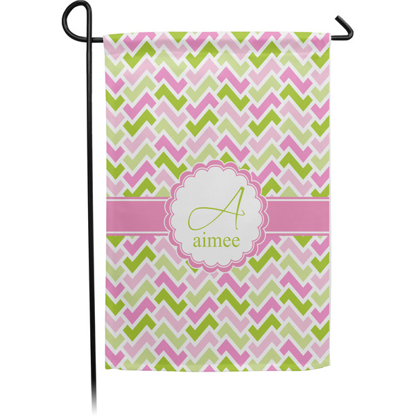 Custom Pink & Green Geometric Small Garden Flag - Single Sided w/ Name and Initial