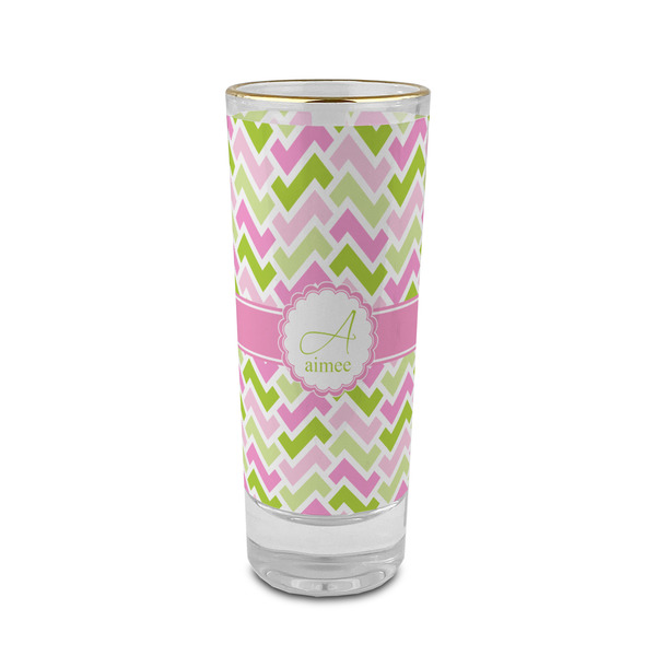 Custom Pink & Green Geometric 2 oz Shot Glass -  Glass with Gold Rim - Single (Personalized)