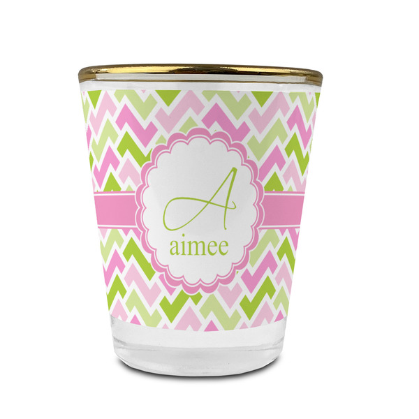 Custom Pink & Green Geometric Glass Shot Glass - 1.5 oz - with Gold Rim - Set of 4 (Personalized)