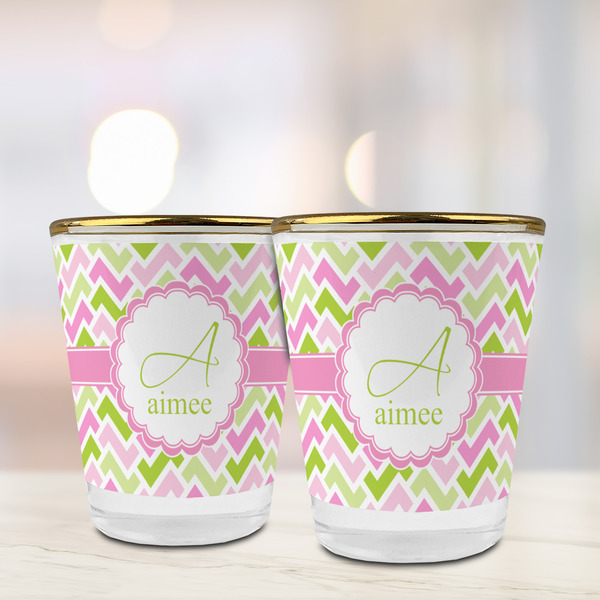 Pink & Green Geometric Glass Shot Glass - with gold rim - LIFESTYLE