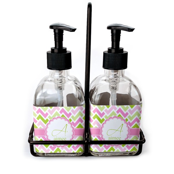 Custom Pink & Green Geometric Glass Soap & Lotion Bottle Set (Personalized)