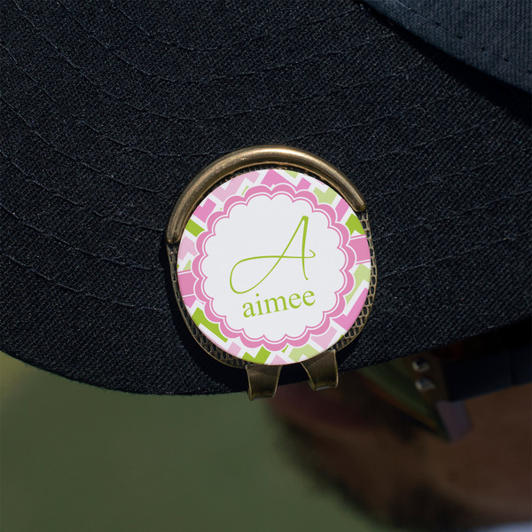 Pink & Green Geometric Golf Ball Marker Hat Clip - Gold - On Hat
