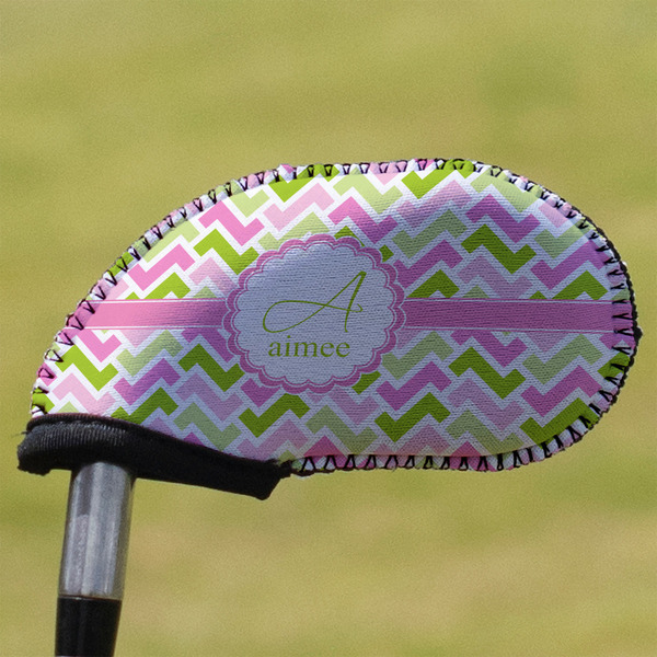 Custom Pink & Green Geometric Golf Club Iron Cover (Personalized)