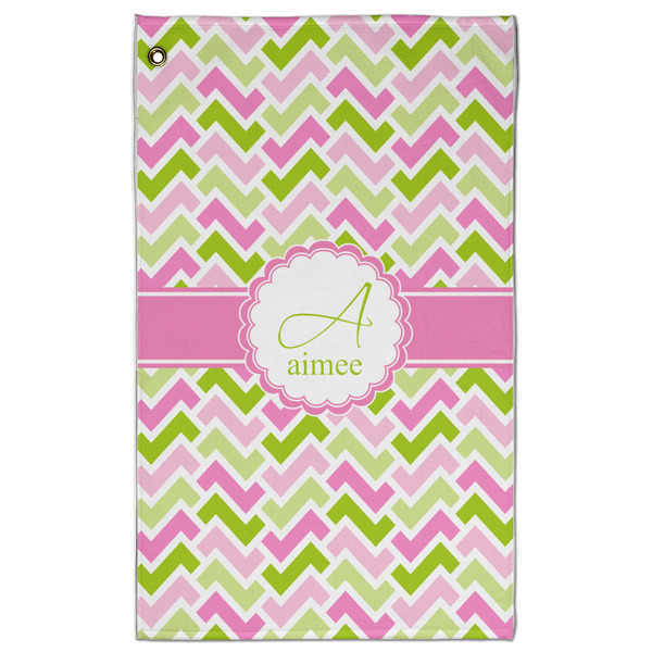 Custom Pink & Green Geometric Golf Towel - Poly-Cotton Blend - Large w/ Name and Initial