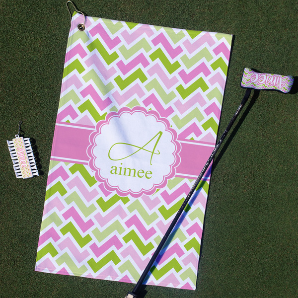 Custom Pink & Green Geometric Golf Towel Gift Set (Personalized)