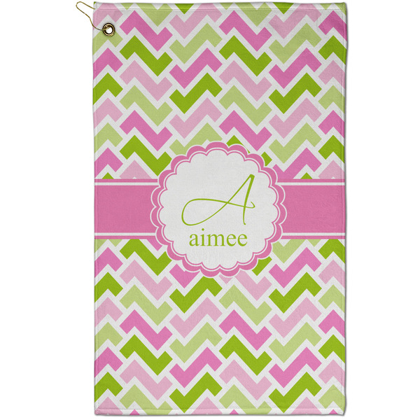 Custom Pink & Green Geometric Golf Towel - Poly-Cotton Blend - Small w/ Name and Initial