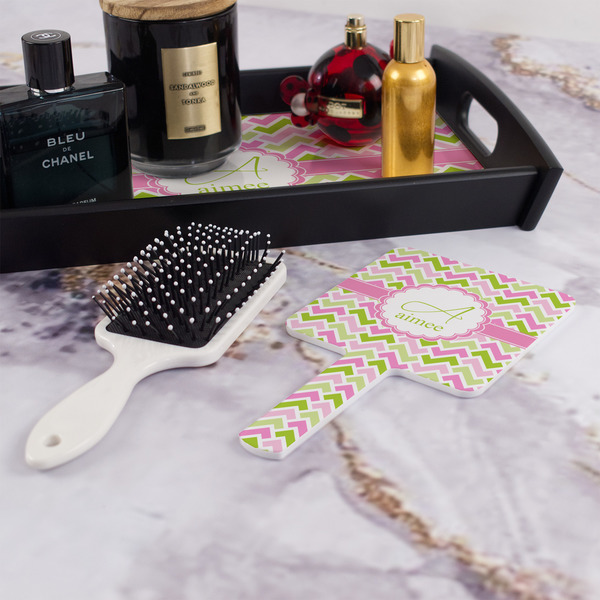 Pink & Green Geometric Hand Mirror - With Hair Brush