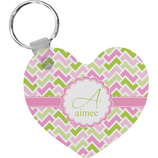 Custom Pink & Green Geometric Heart Plastic Keychain w/ Name and Initial