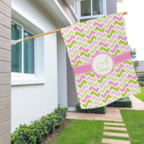 Pink & Green Geometric House Flags - Single Sided - LIFESTYLE