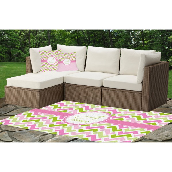Pink & Green Geometric Outdoor Mat & Cushions