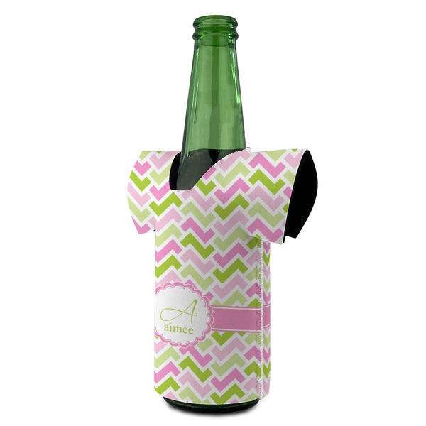 Pink & Green Geometric Jersey Bottle Cooler - ANGLE (on bottle)