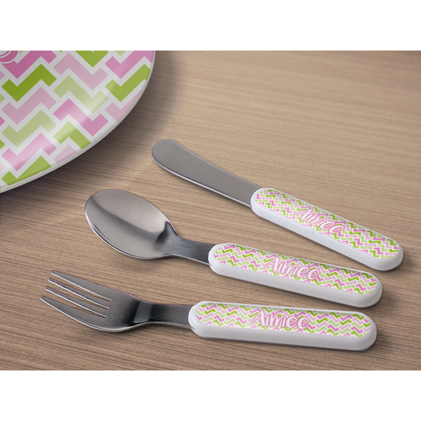 Pink & Green Geometric Kids Flatware w/ Plate