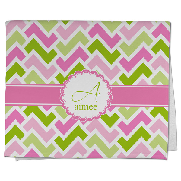 Custom Pink & Green Geometric Kitchen Towel - Poly Cotton w/ Name and Initial