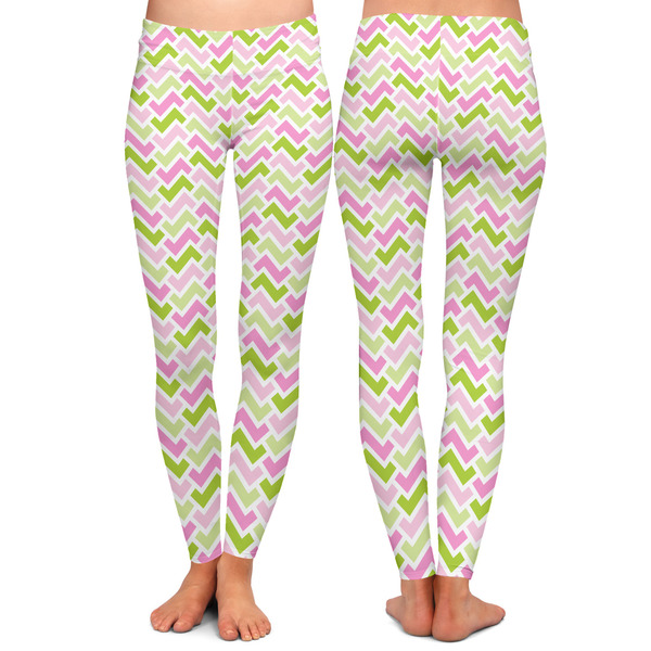 Pink & Green Geometric Ladies Leggings - Front and Back