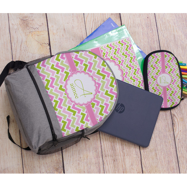 Pink & Green Geometric Large Backpack - Gray - With Stuff
