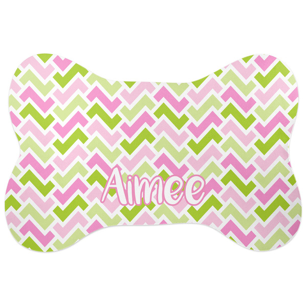 Custom Pink & Green Geometric Bone Shaped Dog Food Mat (Personalized)