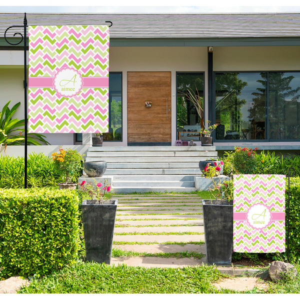 Custom Pink & Green Geometric Large Garden Flag - Double Sided (Personalized)