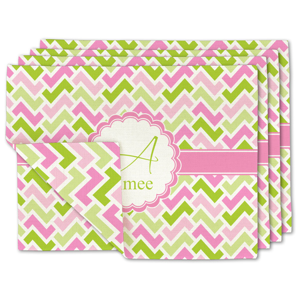 Custom Pink & Green Geometric Double-Sided Linen Placemat - Set of 4 w/ Name and Initial
