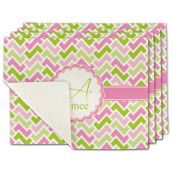 Custom Pink & Green Geometric Single-Sided Linen Placemat - Set of 4 w/ Name and Initial