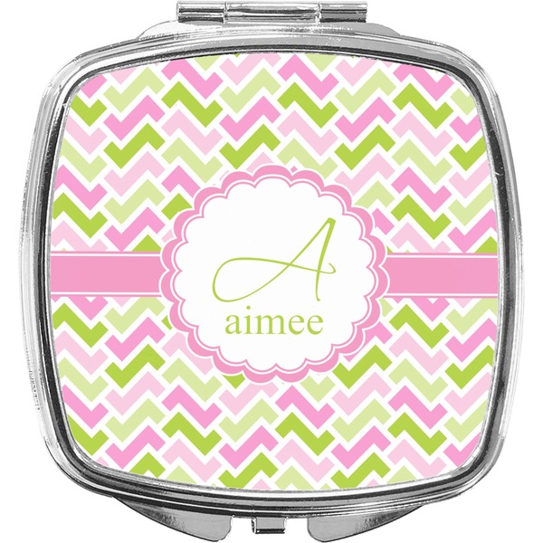 Custom Pink & Green Geometric Compact Makeup Mirror (Personalized)