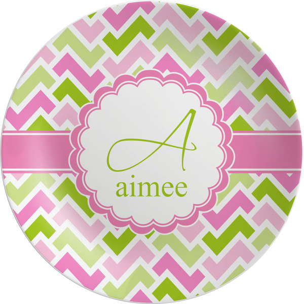 Custom Pink & Green Geometric Melamine Salad Plate - 8" (Personalized)