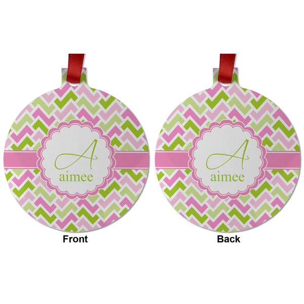 Pink & Green Geometric Metal Ball Ornament - Front and Back