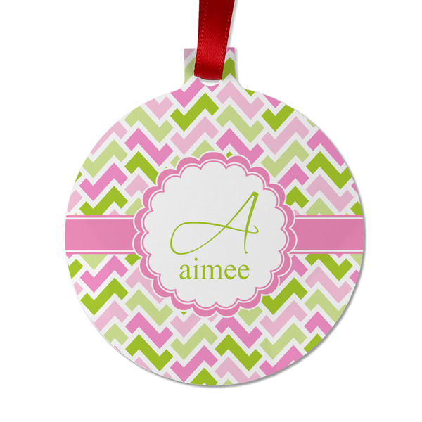 Custom Pink & Green Geometric Metal Ball Ornament - Double Sided w/ Name and Initial