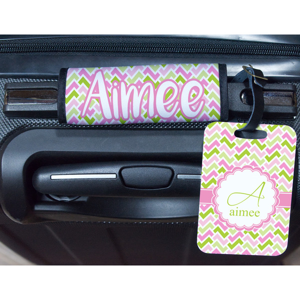 Pink & Green Geometric Metal Luggage Tag & Handle Wrap - In Context