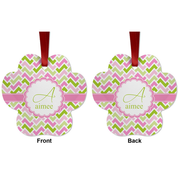 Pink & Green Geometric Metal Paw Ornament - Front and Back