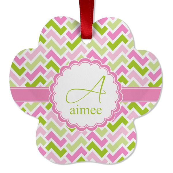 Custom Pink & Green Geometric Metal Paw Ornament - Double Sided w/ Name and Initial