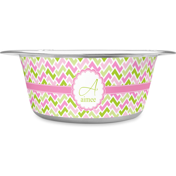 Custom Pink & Green Geometric Stainless Steel Dog Bowl - Large (Personalized)