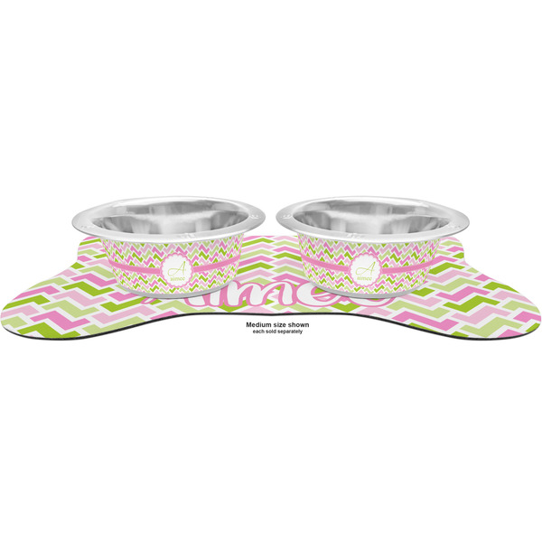 Pink & Green Geometric Metal Pet Bowls - On Dog Bone Shaped Mat