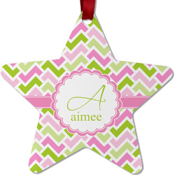 Pink & Green Geometric Metal Star Ornament - Double Sided w/ Name and Initial