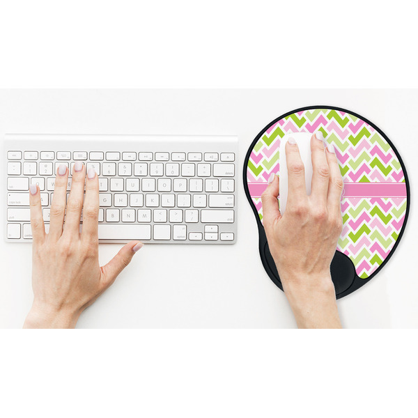 Pink & Green Geometric Mouse Pad with Wrist Rest - LIFESYTLE 2 (in use)