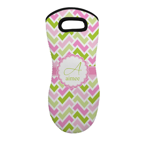 Custom Pink & Green Geometric Neoprene Oven Mitt - Single w/ Name and Initial