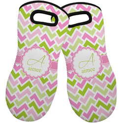 Pink & Green Geometric Neoprene Oven Mitts - Set of 2 w/ Name and Initial