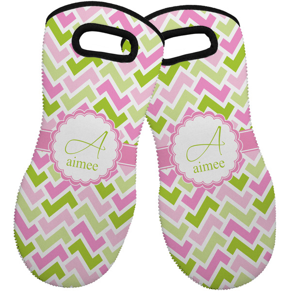 Custom Pink & Green Geometric Neoprene Oven Mitts - Set of 2 w/ Name and Initial