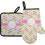 Pink & Green Geometric Oven Mitt & Pot Holder Set w/ Name and Initial