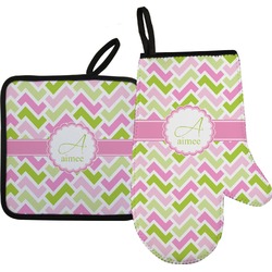 Pink & Green Geometric Oven Mitt & Pot Holder Set w/ Name and Initial