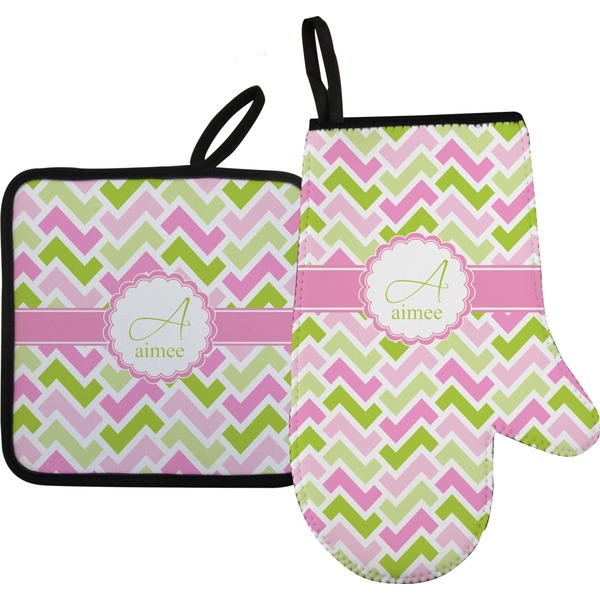 Custom Pink & Green Geometric Right Oven Mitt & Pot Holder Set w/ Name and Initial