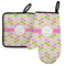 Pink & Green Geometric Left Oven Mitt & Pot Holder Set w/ Name and Initial