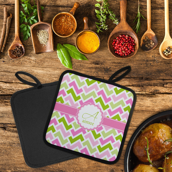 Pink & Green Geometric Neoprene Pot Holder - Set of 2  LIFESTYLE (Flatlay)