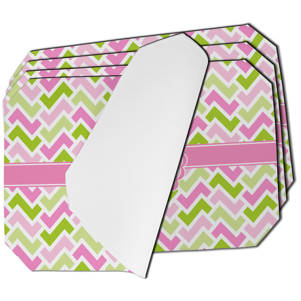 Custom Pink & Green Geometric Dining Table Mat - Octagon - Set of 4 (Single-Sided) w/ Name and Initial