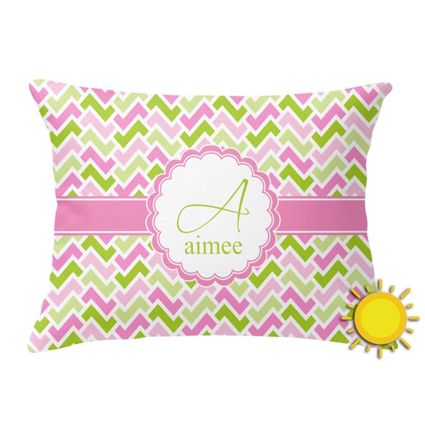 Custom Pink & Green Geometric Outdoor Throw Pillow (Rectangular) (Personalized)