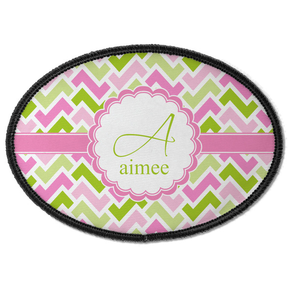 Custom Pink & Green Geometric Iron On Oval Patch w/ Name and Initial